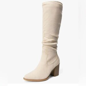 Cream Suede Knee-High Block Heel Boots